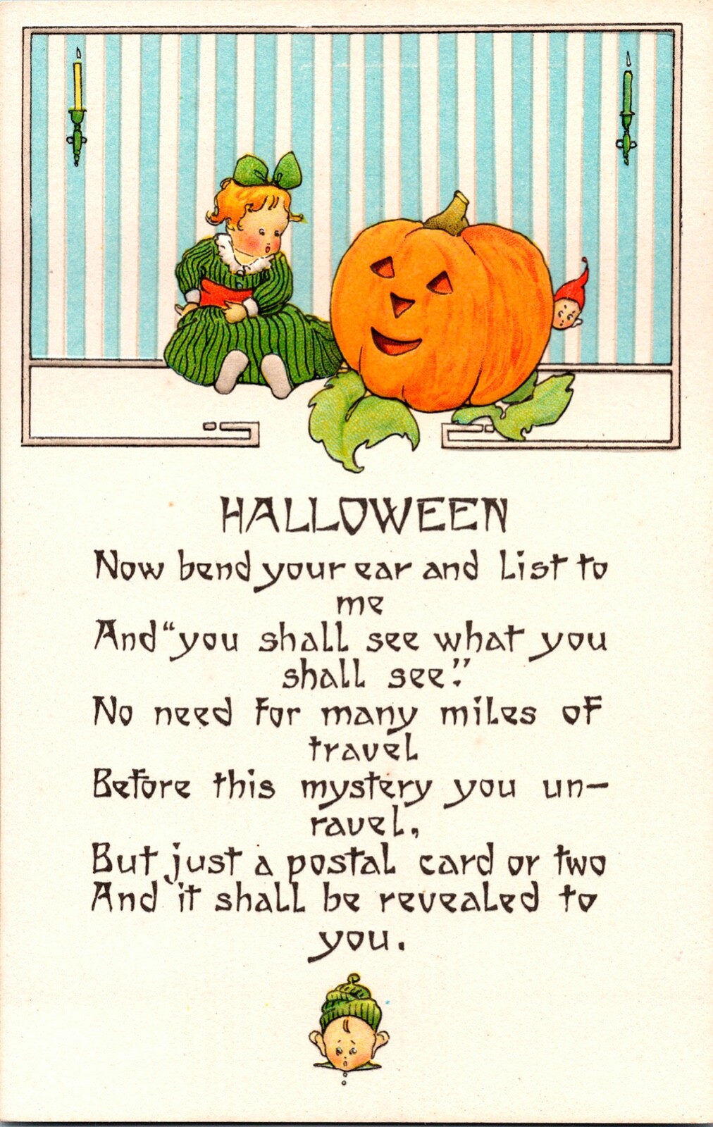 Vintage Adorable Little Girl, Jack O' Lantern, Pumpkin,Goblin Halloween Postcard