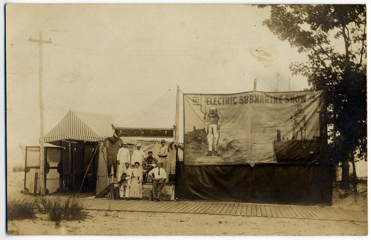 RPPC Hard Helmet Deep Sea Diver Sideshow. Ca.1912, \'The Electric Submarine Show\'