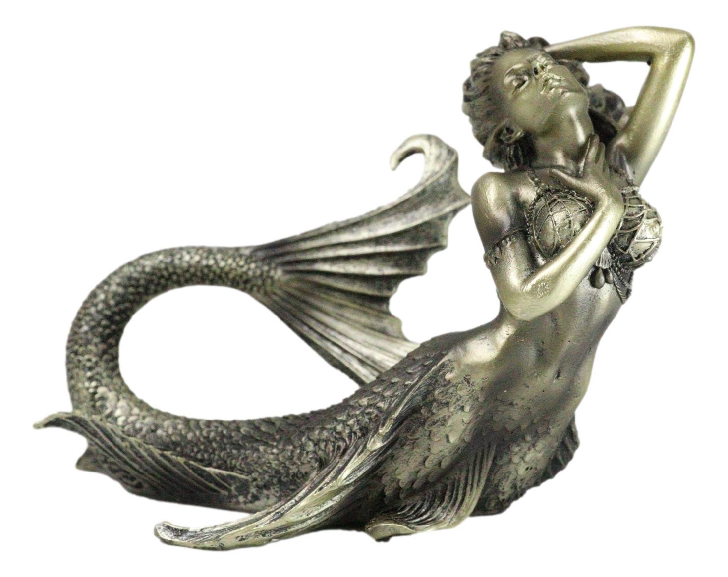 Nautical Aged Bronze Resin Seductive Mermaid Siren With Fishnets Figurine 7\