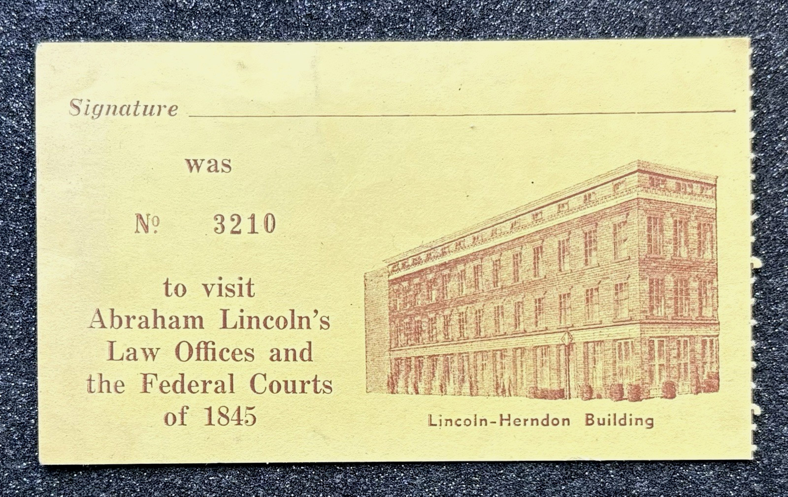 Vintage Ticket to Abraham Lincoln\'s Law Office, Downtown Springfield, Illinois