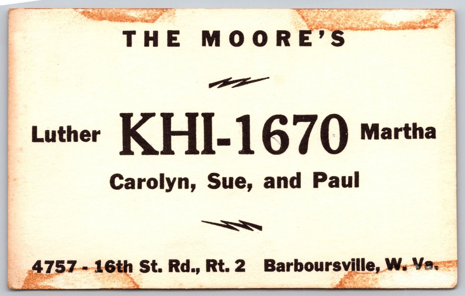 CB Radio QSL Card KHI-1670 The Moores Barboursville West Virginia  C29