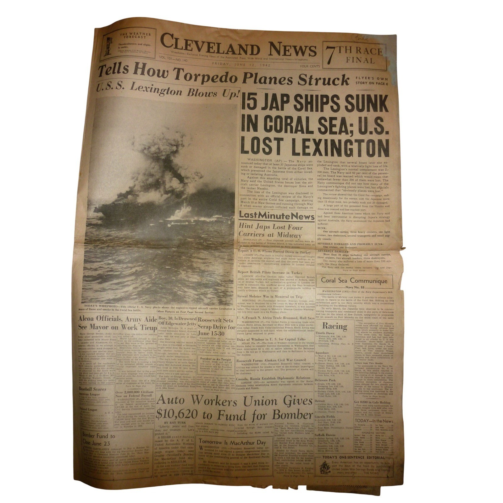 Vintage June 12 1942 Cleveland News Newspaper WWII USS Lexington Sunk Coral Sea