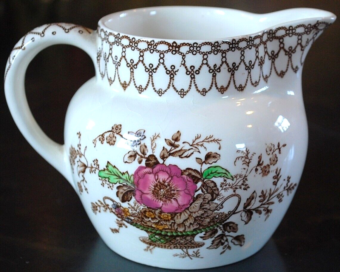 MILK JUG Antique VICTORIAN MYOTT & SON Transferware BONNIE DUNDEE Painted Flora