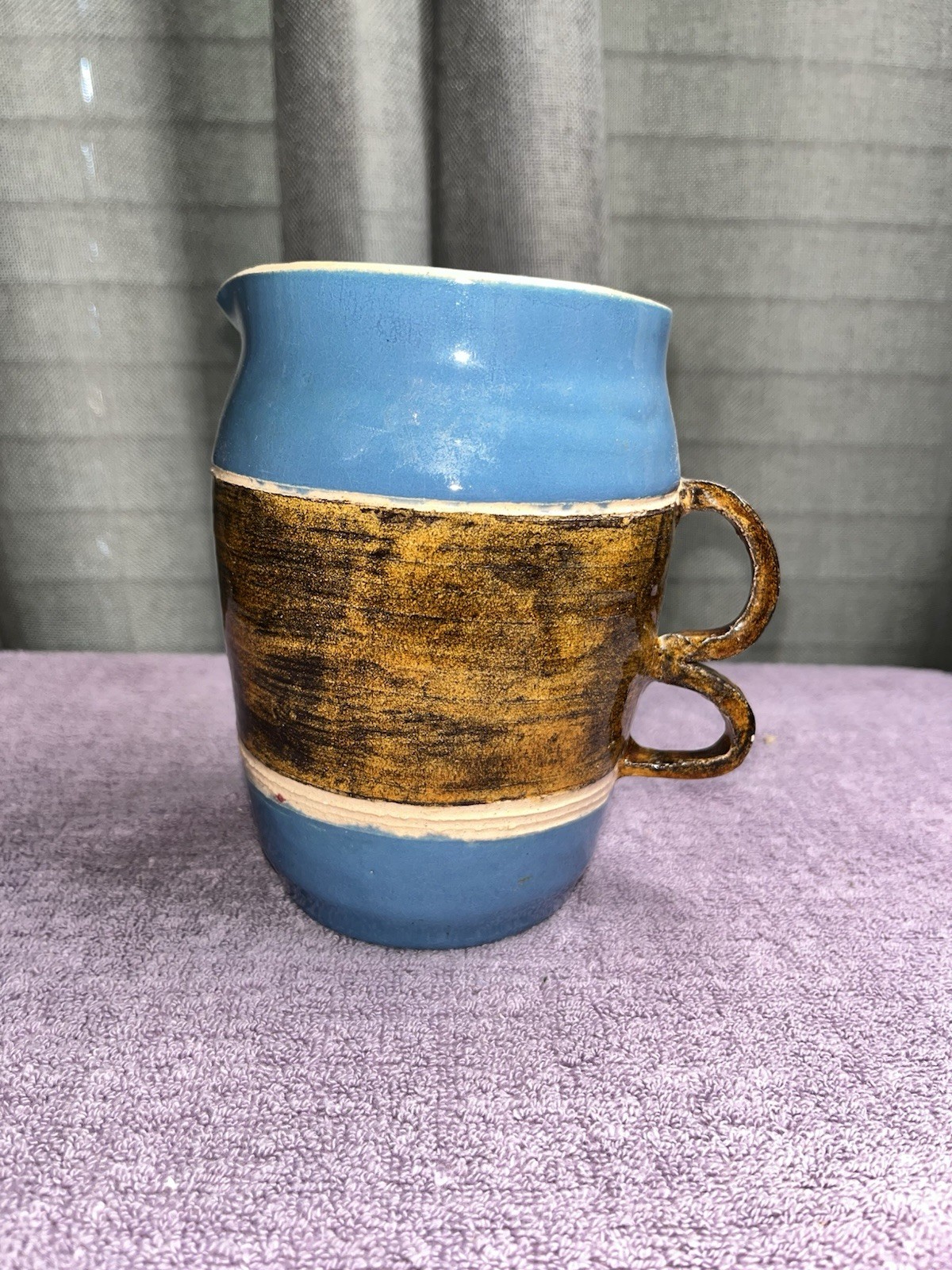 Vintage Handmade Pitcher Blue Brown Glossy Clay Pottery Double Handles Signed