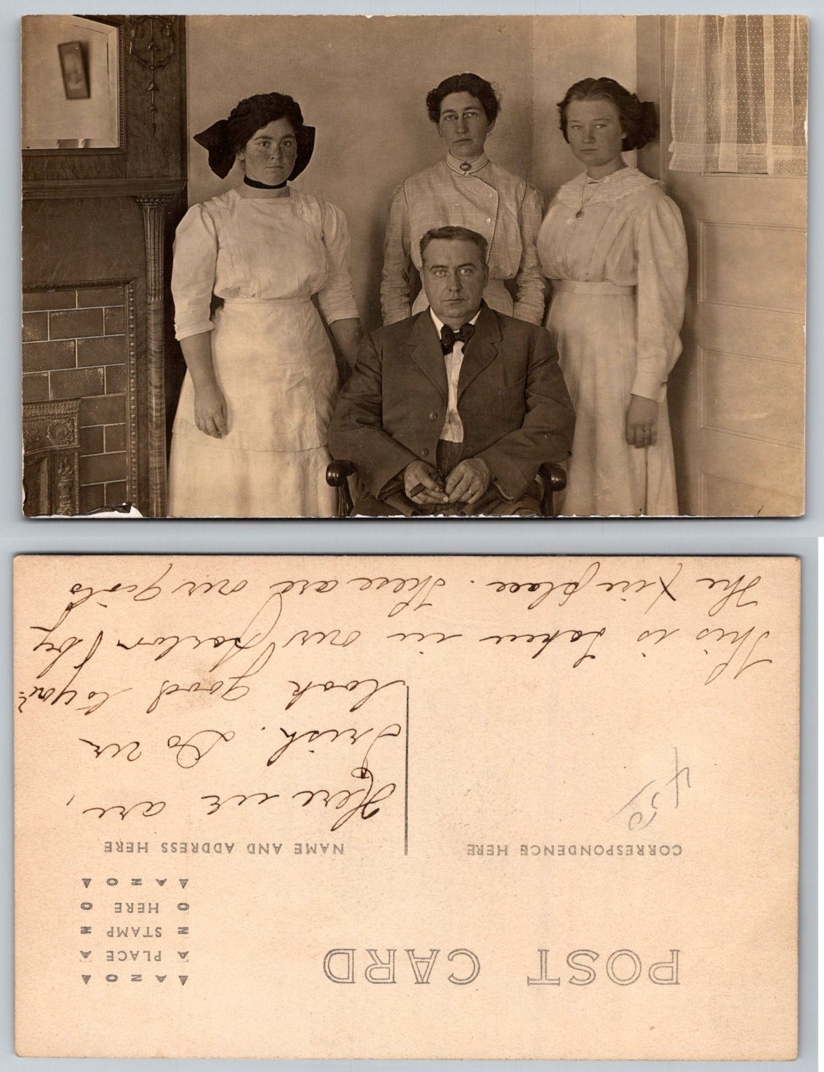 RPPC Family Portrait Postcard c1910 - Man & 3 Women, Parlor Scene