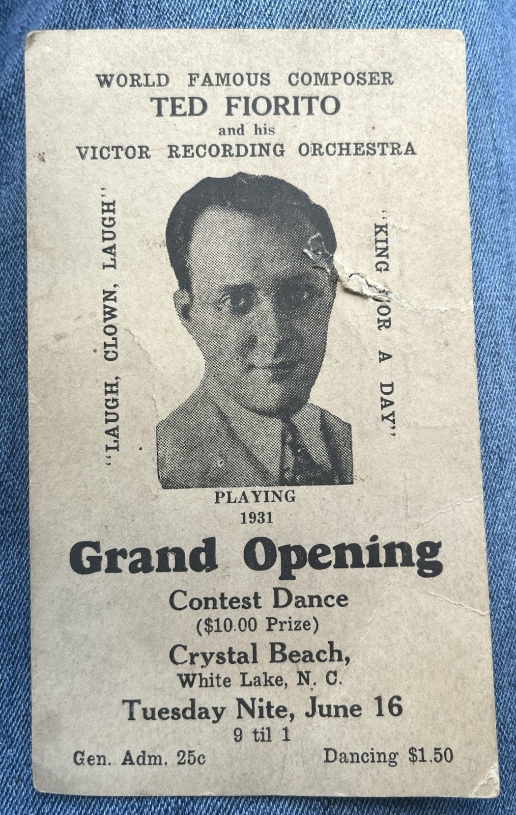 1931 Crystal Beach White Lake NC Grand Opening Ted Fiorito Advertising Postcard