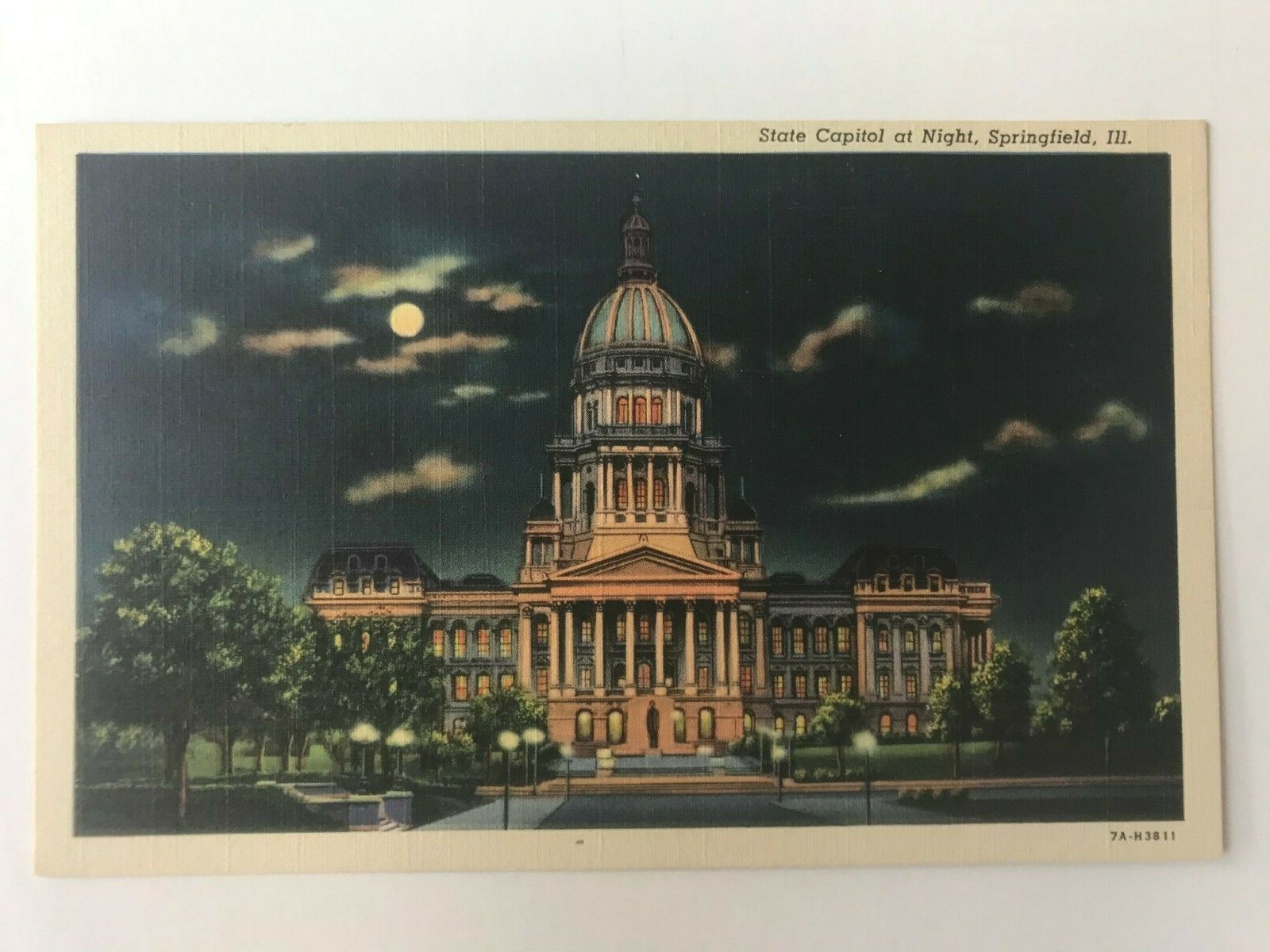 Vintage IL Springfield Illinois State Capitol Nighttime View Postcard c1940\'s