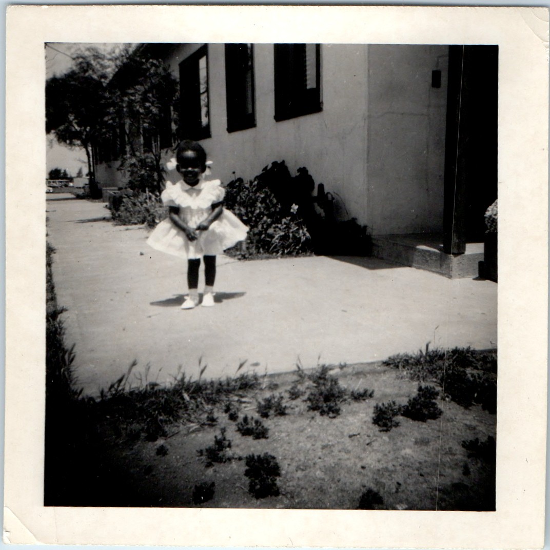 c1950s African American Cute Girl White Ruffle Dress Hair Bows Snapshot Photo