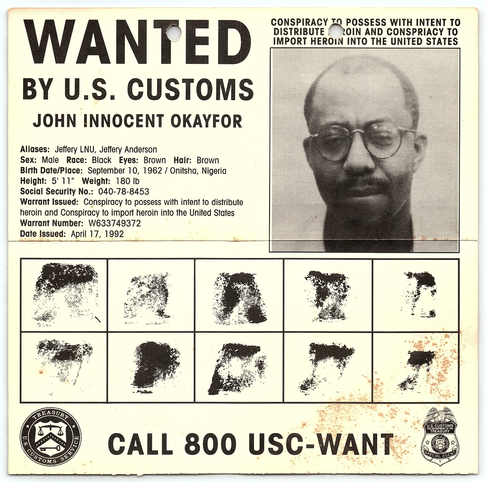 1992 FBI WANTED POSTER JOHN INNOCENT OKAYFOR MR.BIGS NIGERIAN HERION GANG Z4967