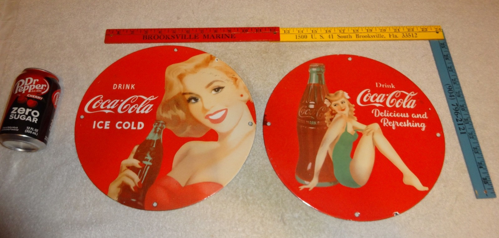 VINTAGE DRINK COCA COLA PORCELAIN SIGN LOT OF 2 LADIES DRINKING COKE ADVERTISING