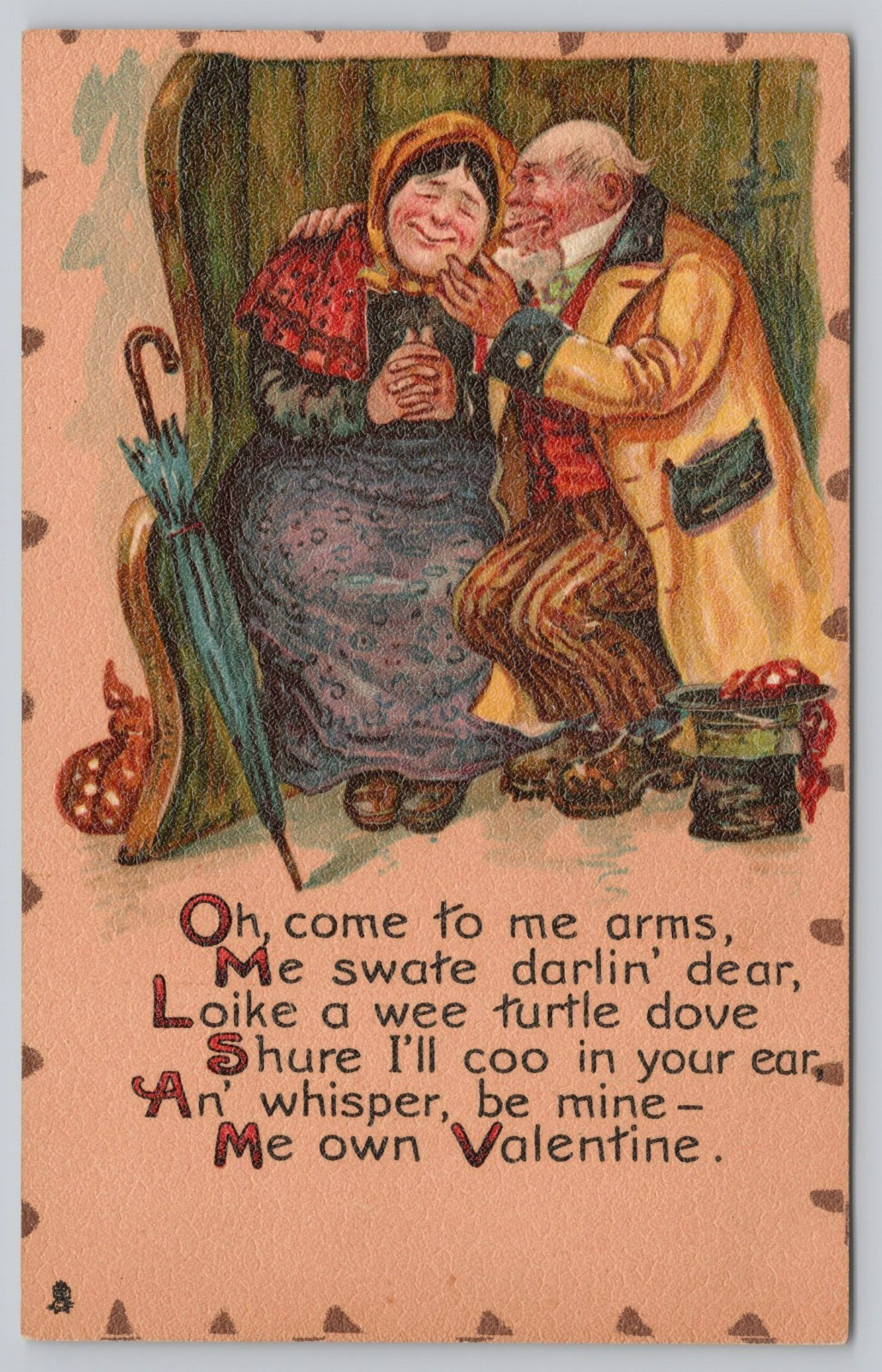 Postcard Elderly Couple Romantic Irish-Dialect Verse Valentine (not leather)