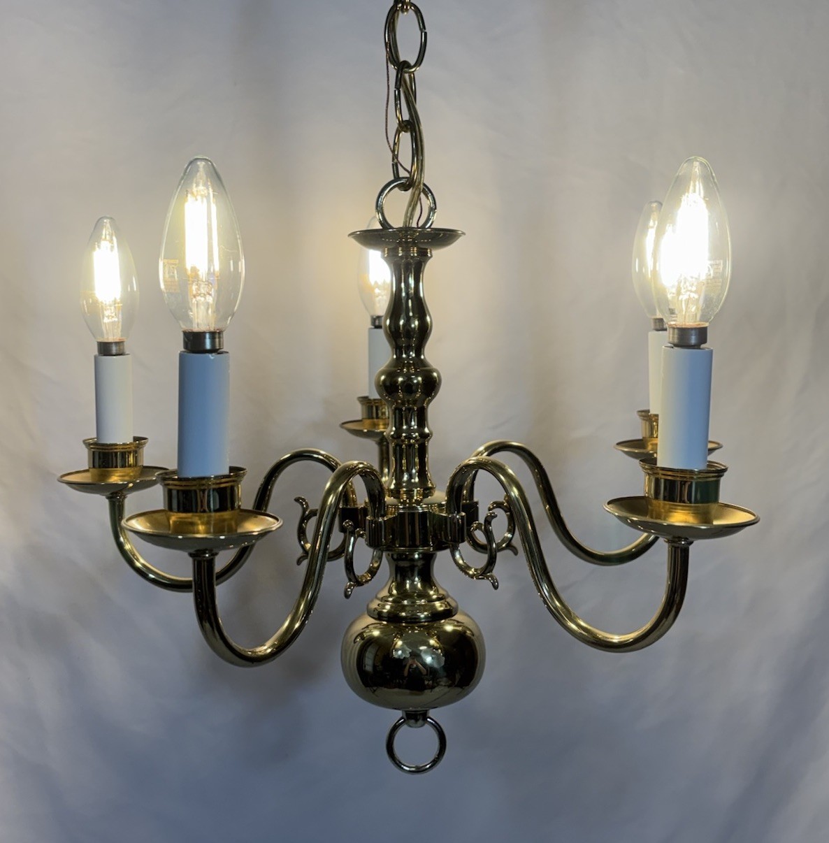 Vintage Flemish Dutch Style 5 Arm Polished Brass Chandelier Ball Petite