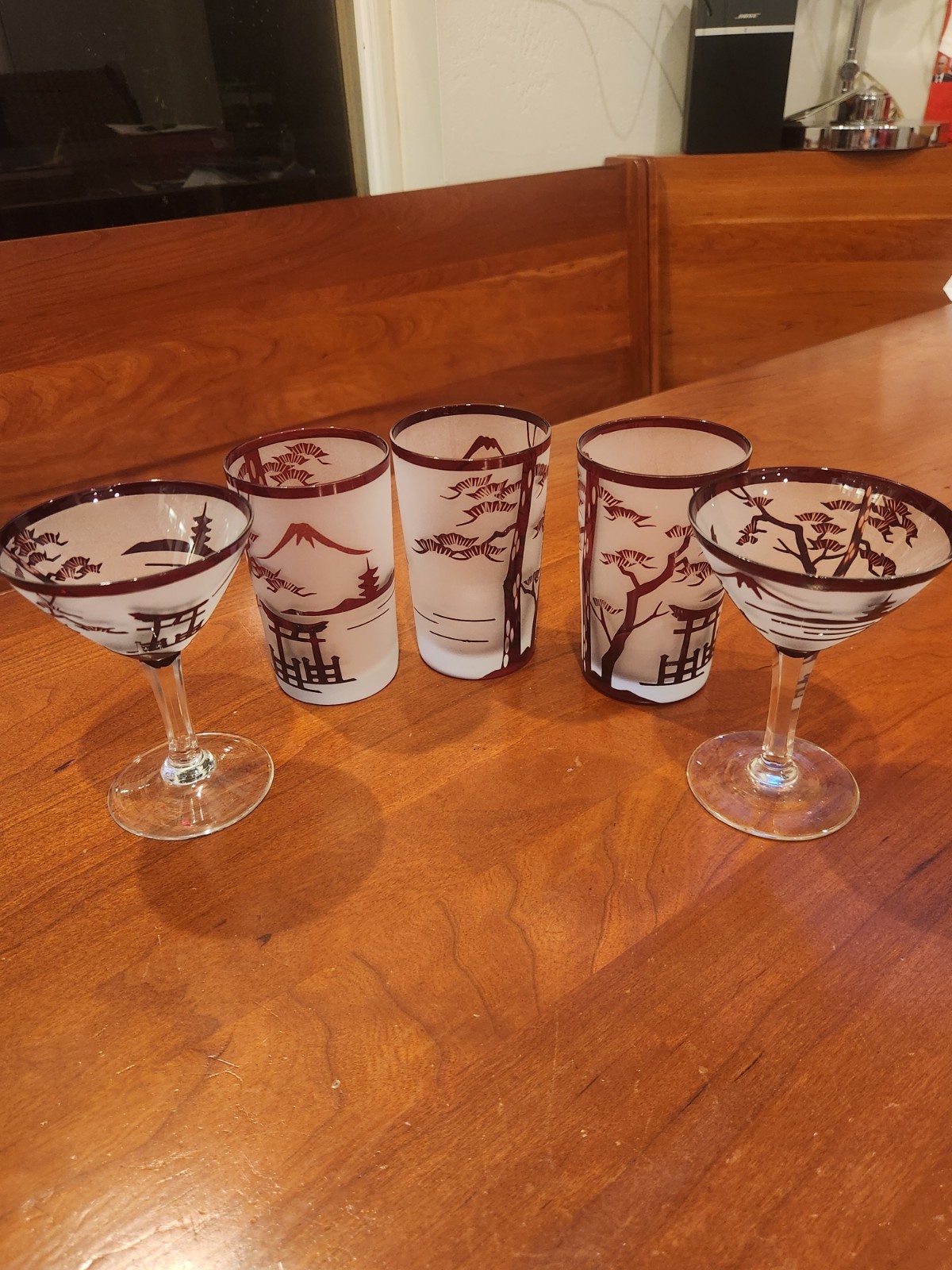Vintage 1940s-1950s Ruby Red Etched Glasses, 5 pieces 