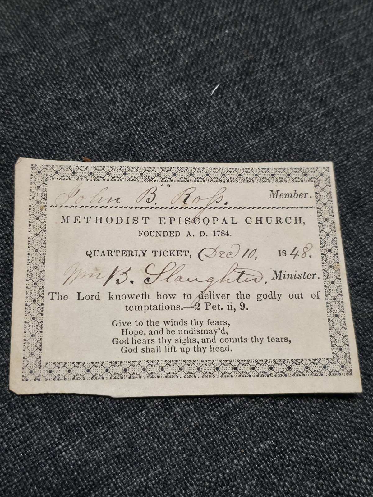 1848 Methodist Episcopal Church Quarterly Membership Ticket B. Slaughter Antique