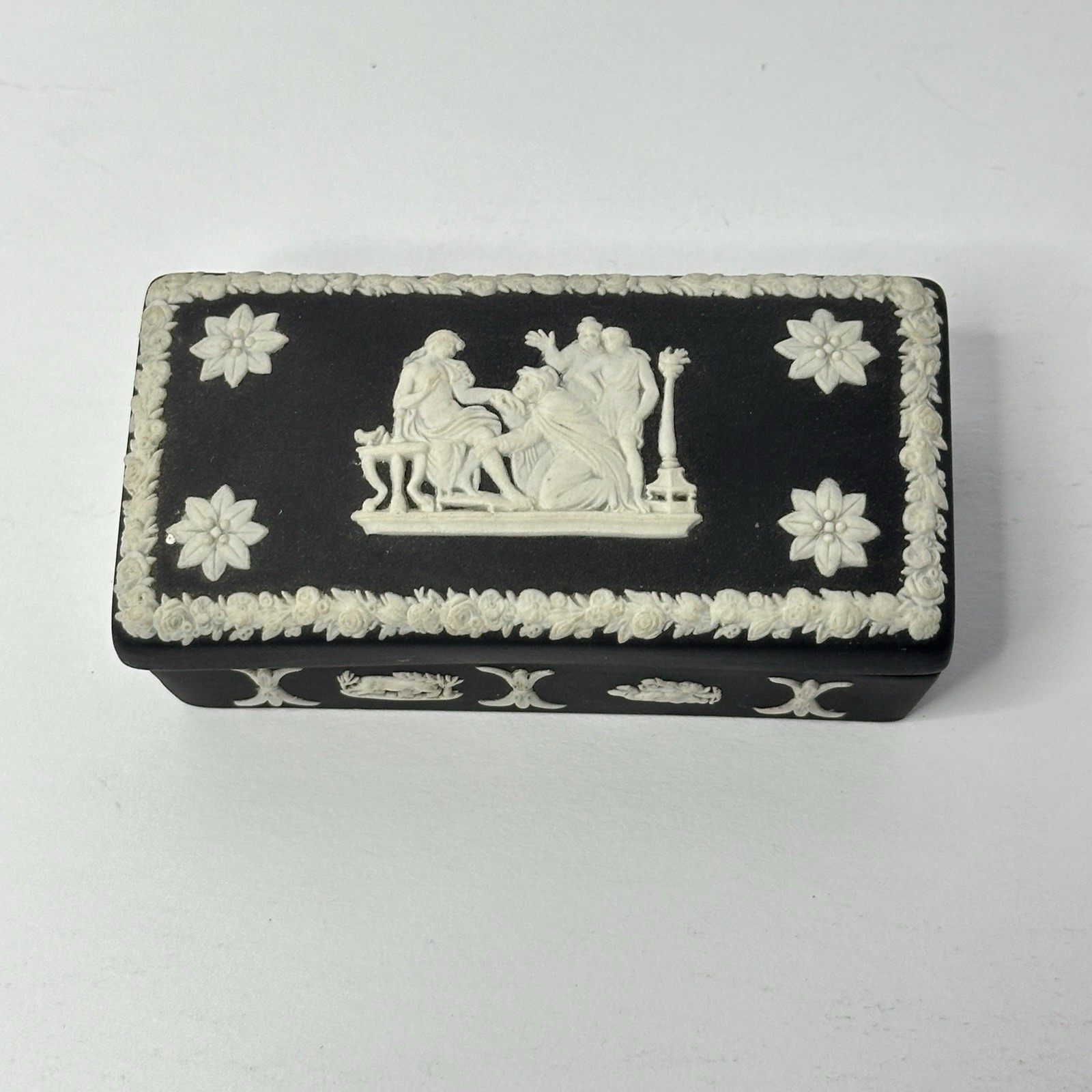 Vintage Wedgwood Black Jasperware Oblong Rectangle Trinket Jewelry Box Home Deco