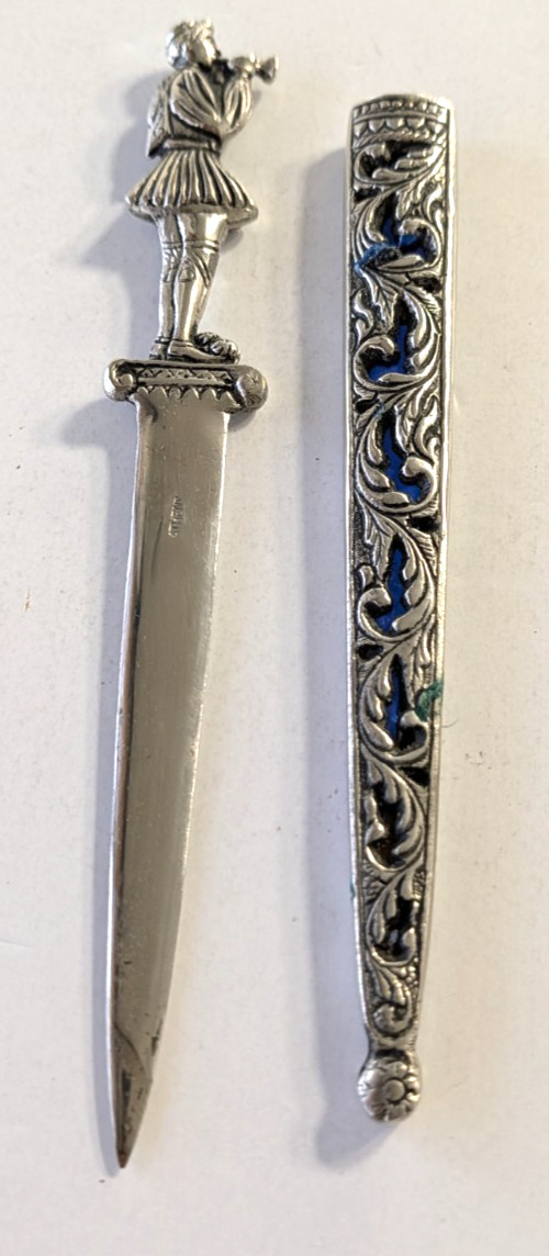Vintage Greek Silver Platted Letter Opener Athens Evzone Guard Trumpet Scabbard
