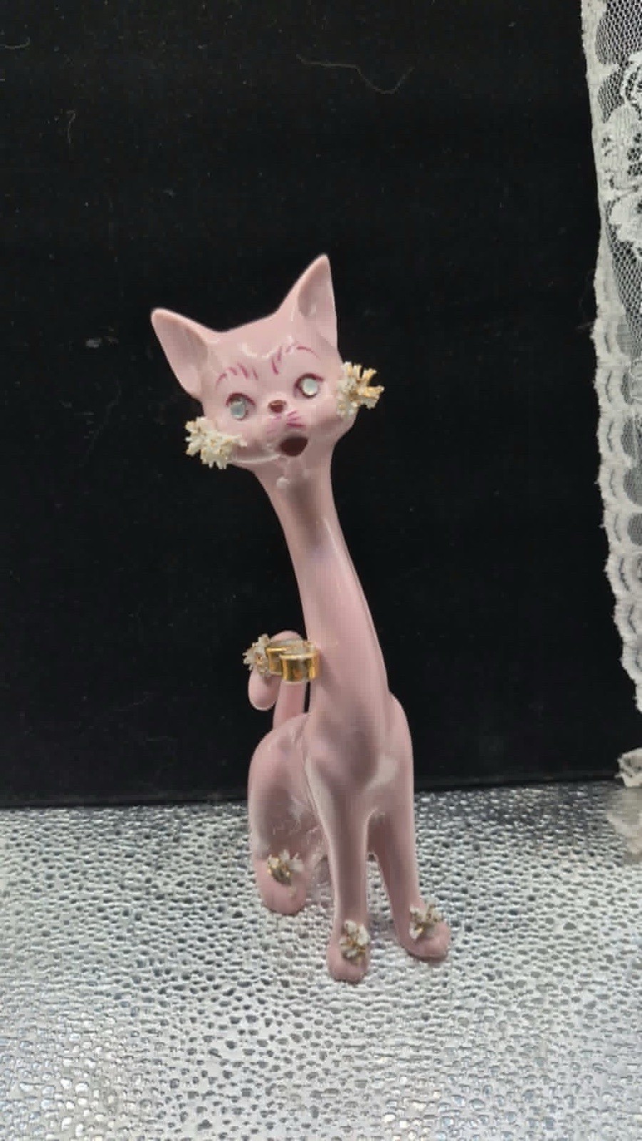 Retro MCM Vintage Kitschy Pink LEFTON Cat - Long Neck w/ Spaghetti & Rhinestones