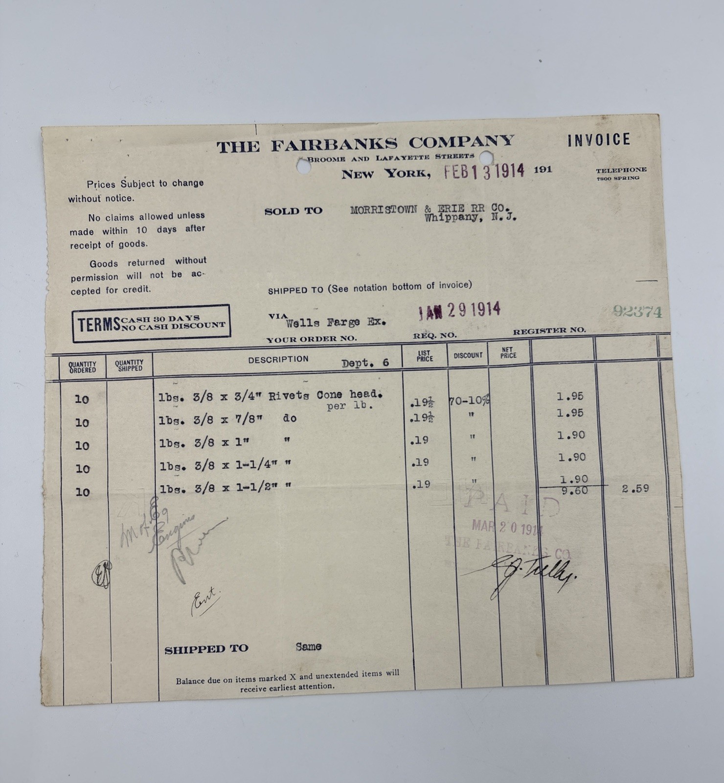 1914 antique FAIRBANKS COMPANY new york BILLHEAD INVOICE Sold To Erie RR