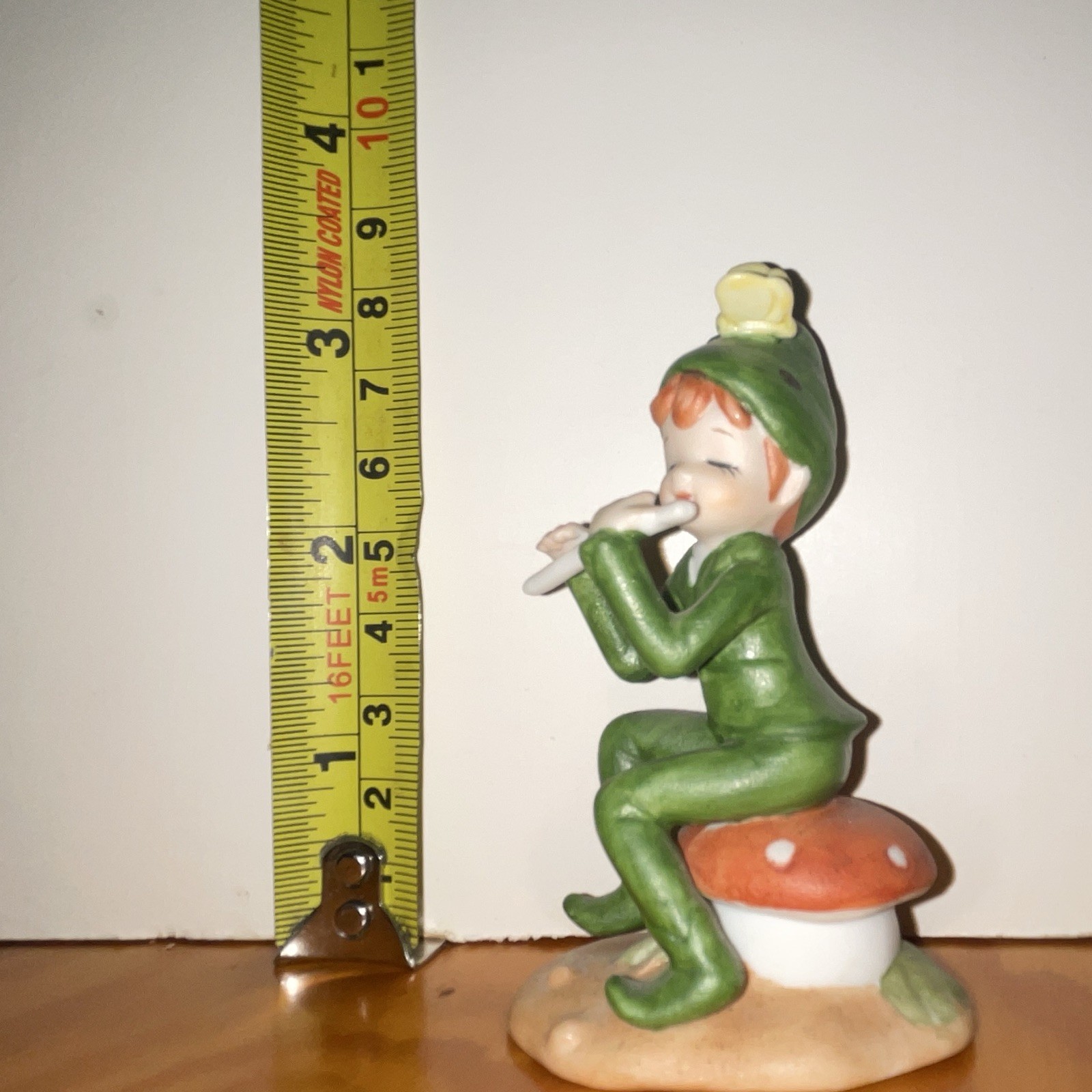 Lefton Hand Painted Ceramic Pixie Elf Flute on Mushroom Butterfly Figurine