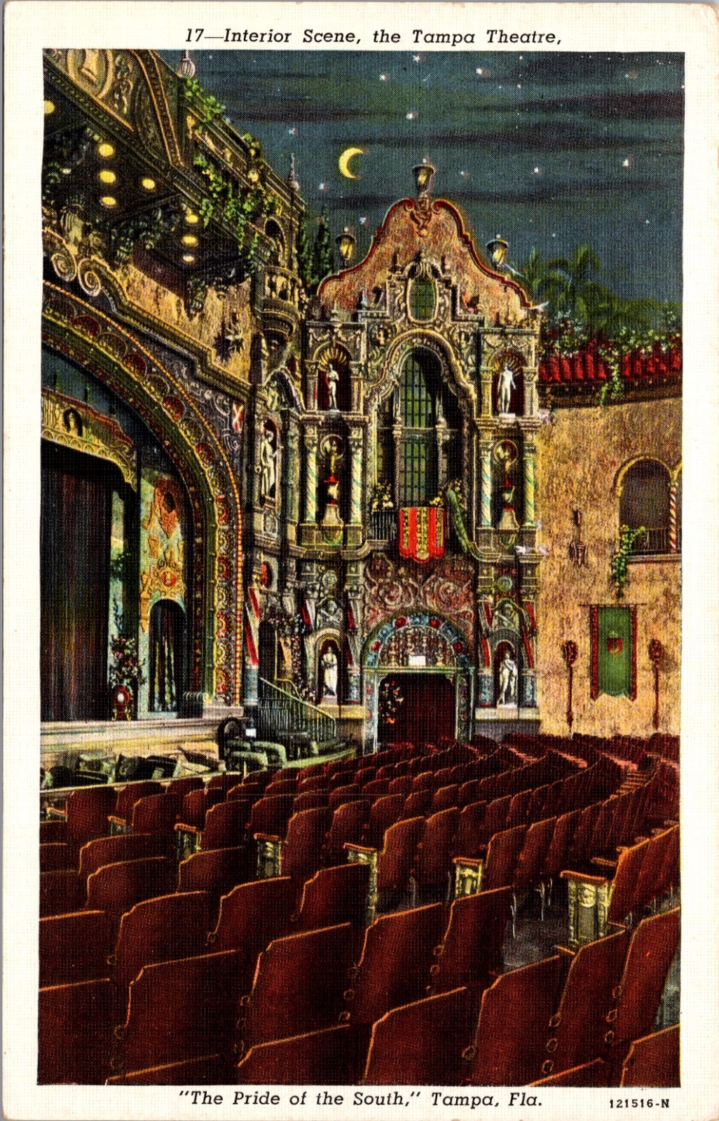 Interior Scene Tampa Theatre Tampa Florida Linen Postcard Unused
