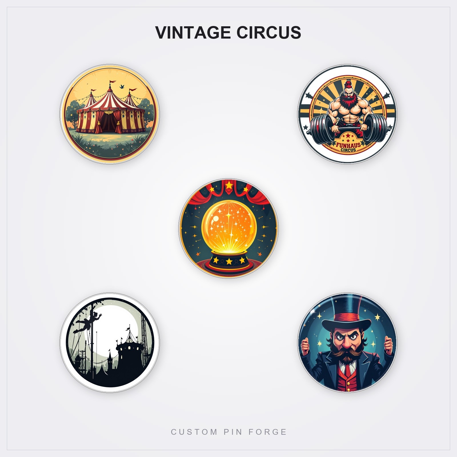 Vintage Circus Pin Button Set 5-Pack Carnival Ringmaster Big Top Fortune Teller