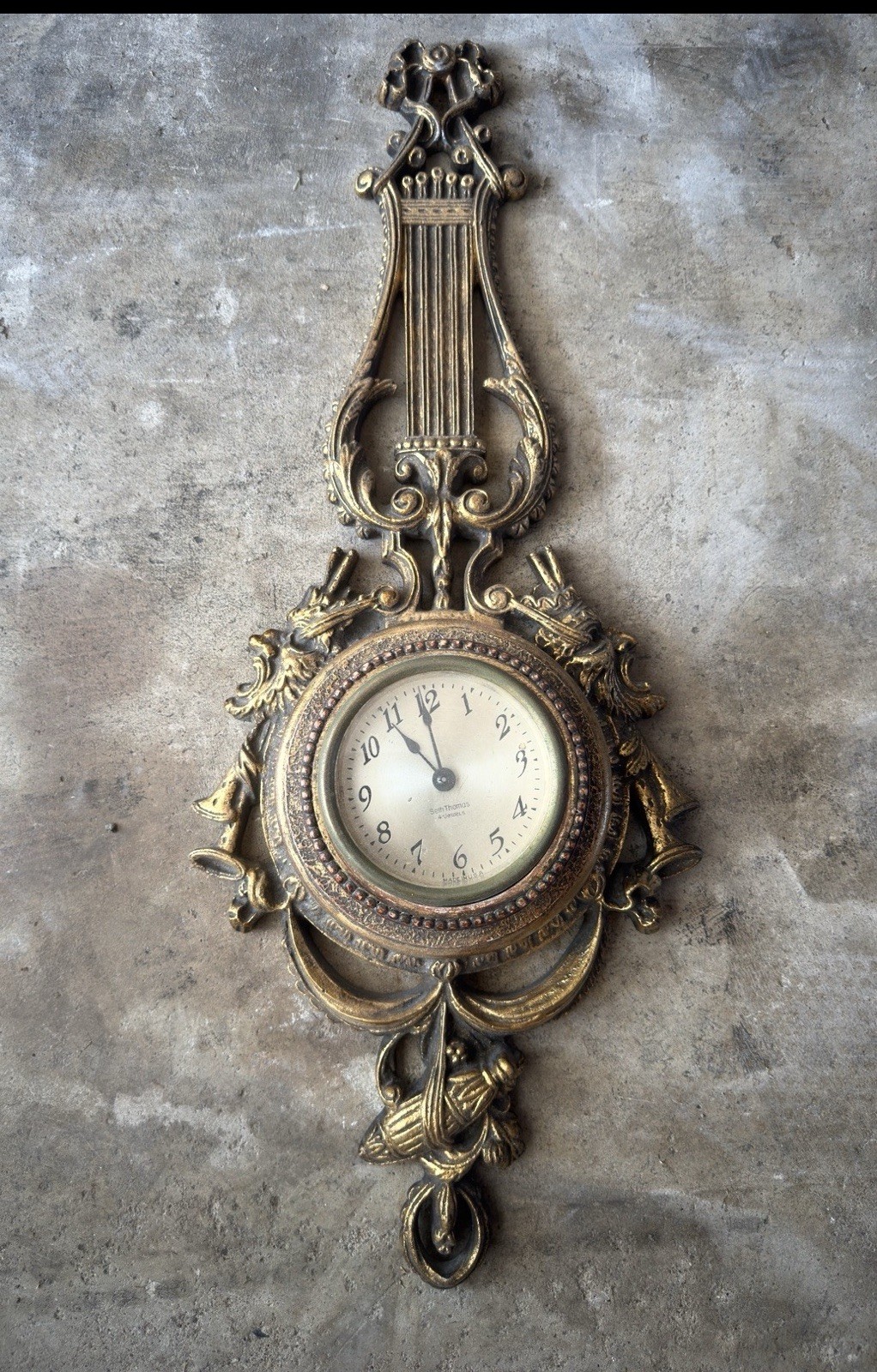 Antique Seth Thomas Lyre Wall Clock 4 Jewels 8 Day Gilt Metal 22”