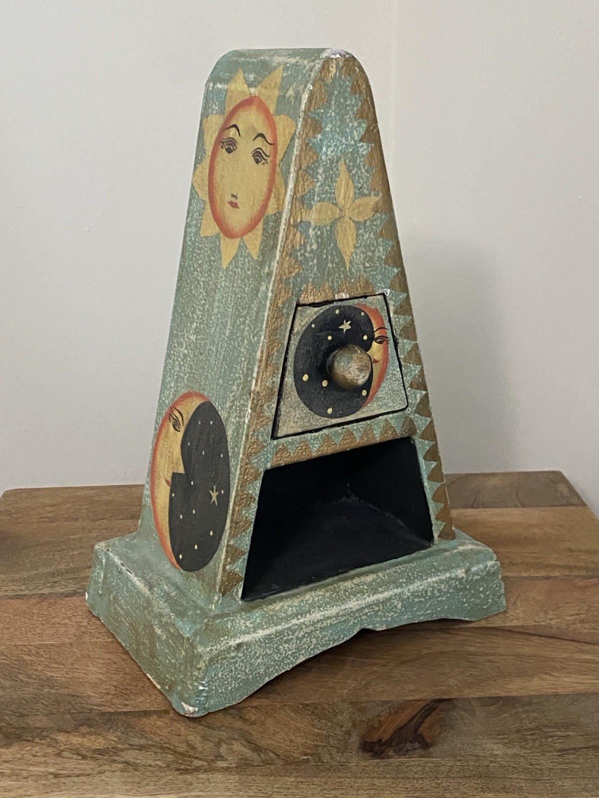 Vintage Pyramid Celestial Indonesian Hand Painted Drawer Storage Folk Art READ