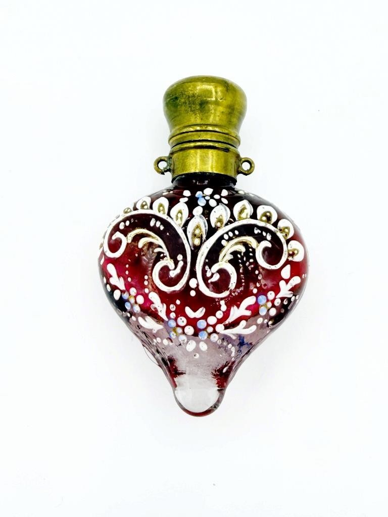 Antique Chatelaine Cranberry Glass & Enamel Heart Shaped Perfume Scent Bottle