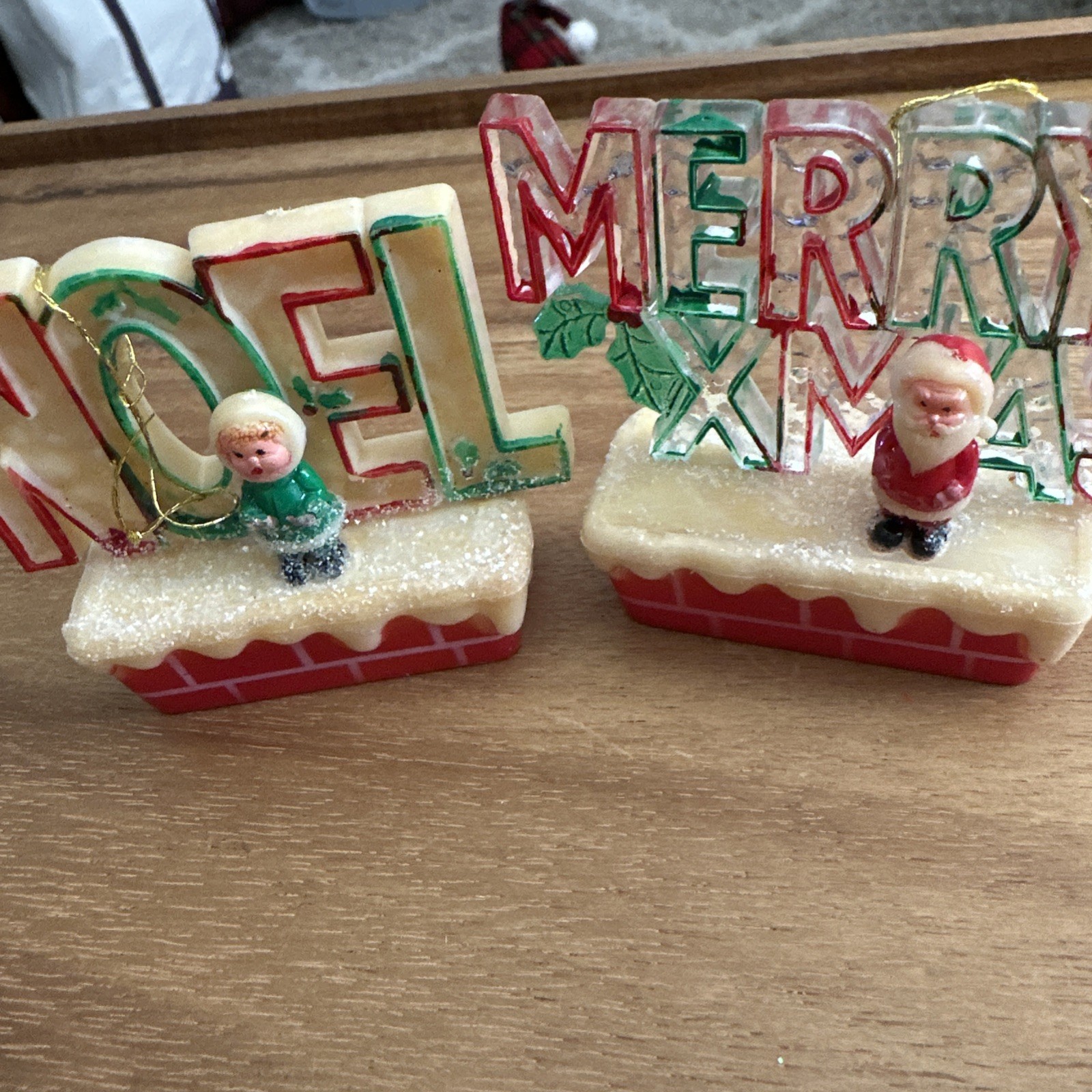 VTG Celluloid Merry Xmas Santa Claus & Noel Christmas Ornaments