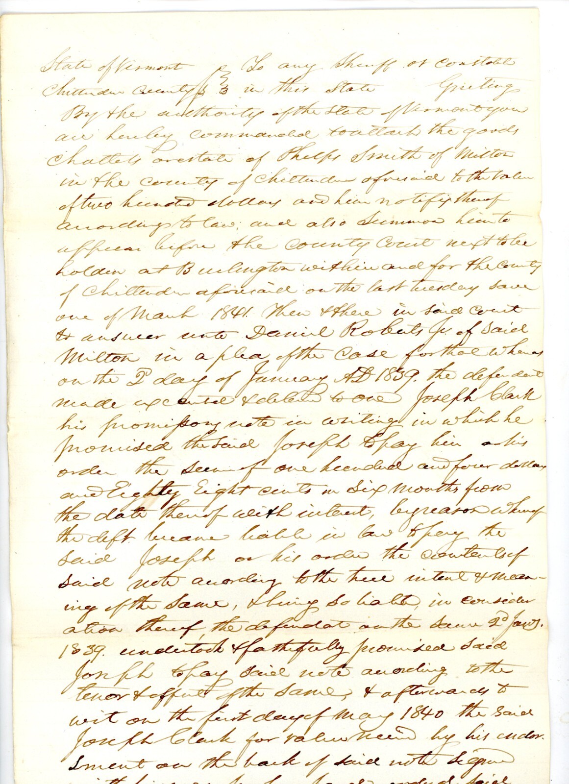 1841 Handwritten Court Doc Sheriff Ferris Daniel Roberts Chittenden VT P Smith