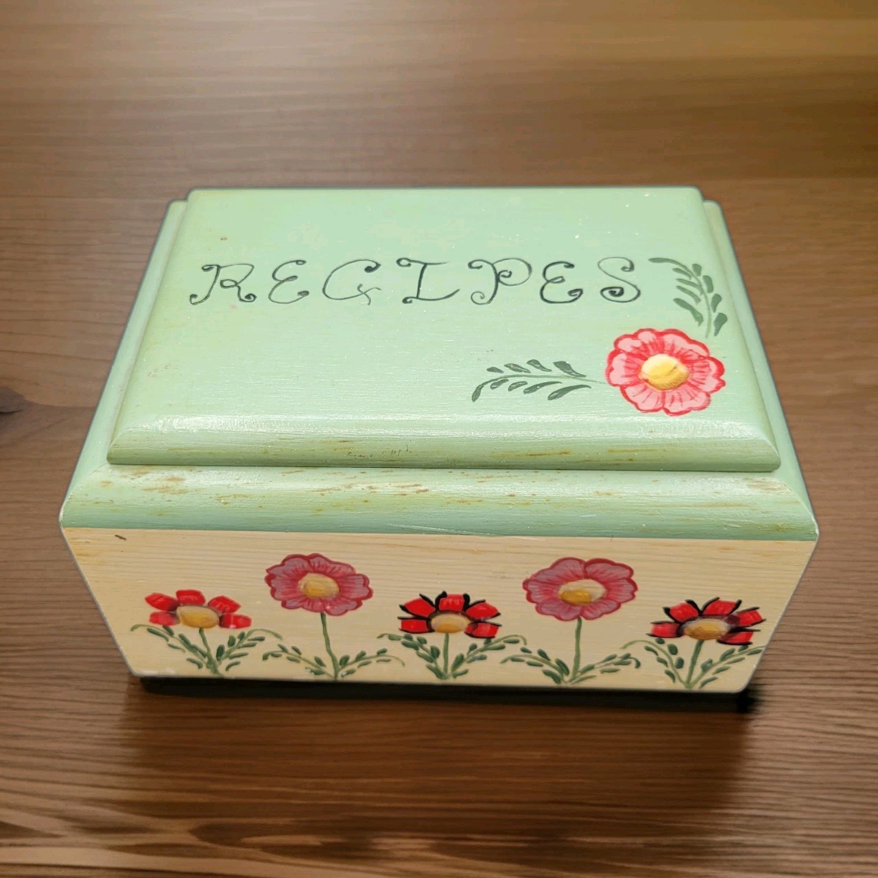 Vintage Wooden Recipe Box Handpainted Flowers Grandma Cottagecore