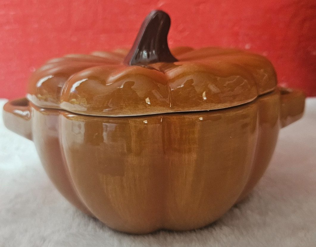 Orange Ceramic Pumpkin Soup Bowl with Lid Handles Fall Thanksgiving Autumn Decor