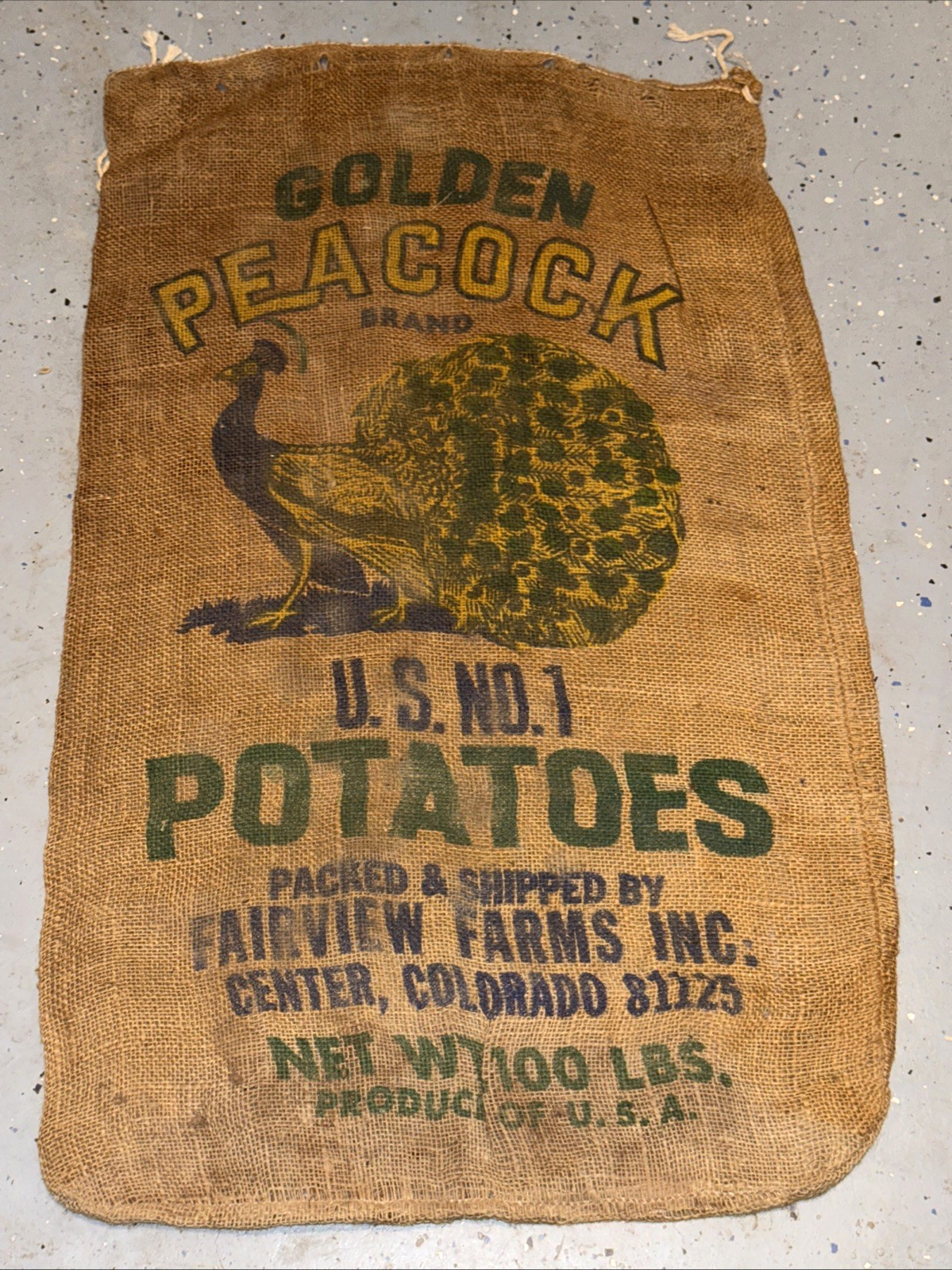 VTG Golden Peacock Colorado Potatoes Burlap Bag 100 lb Gunny Sack Rare Antique