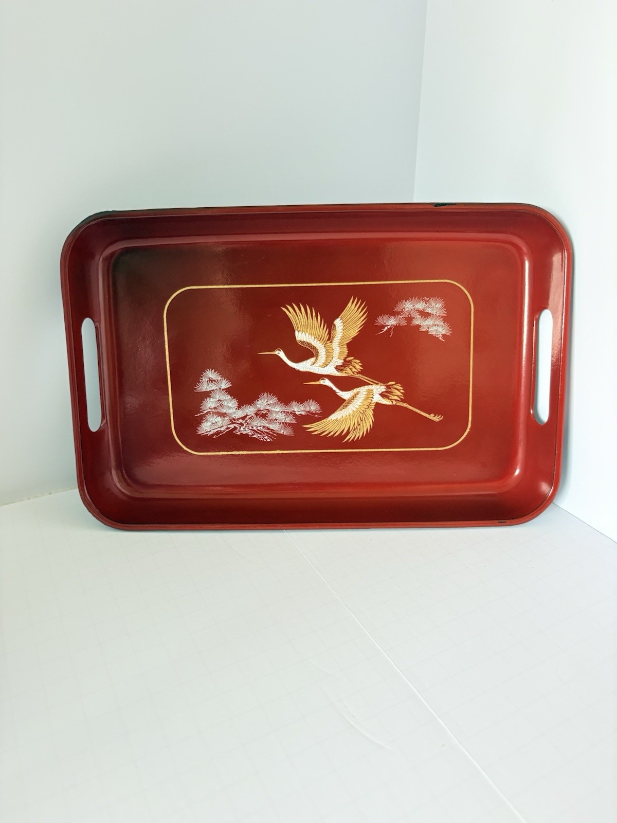 Vintage Japanese Red Lacquerware Crane Pine Serving Tray Made in Japan 11\
