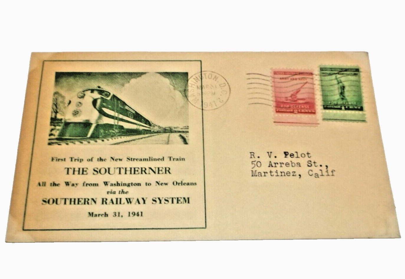 1941 SOUTHERN RAILWAY THE STREAMLINED SOUTHERNER  FIRST TRIP SOUVENIR ENVELOPE B