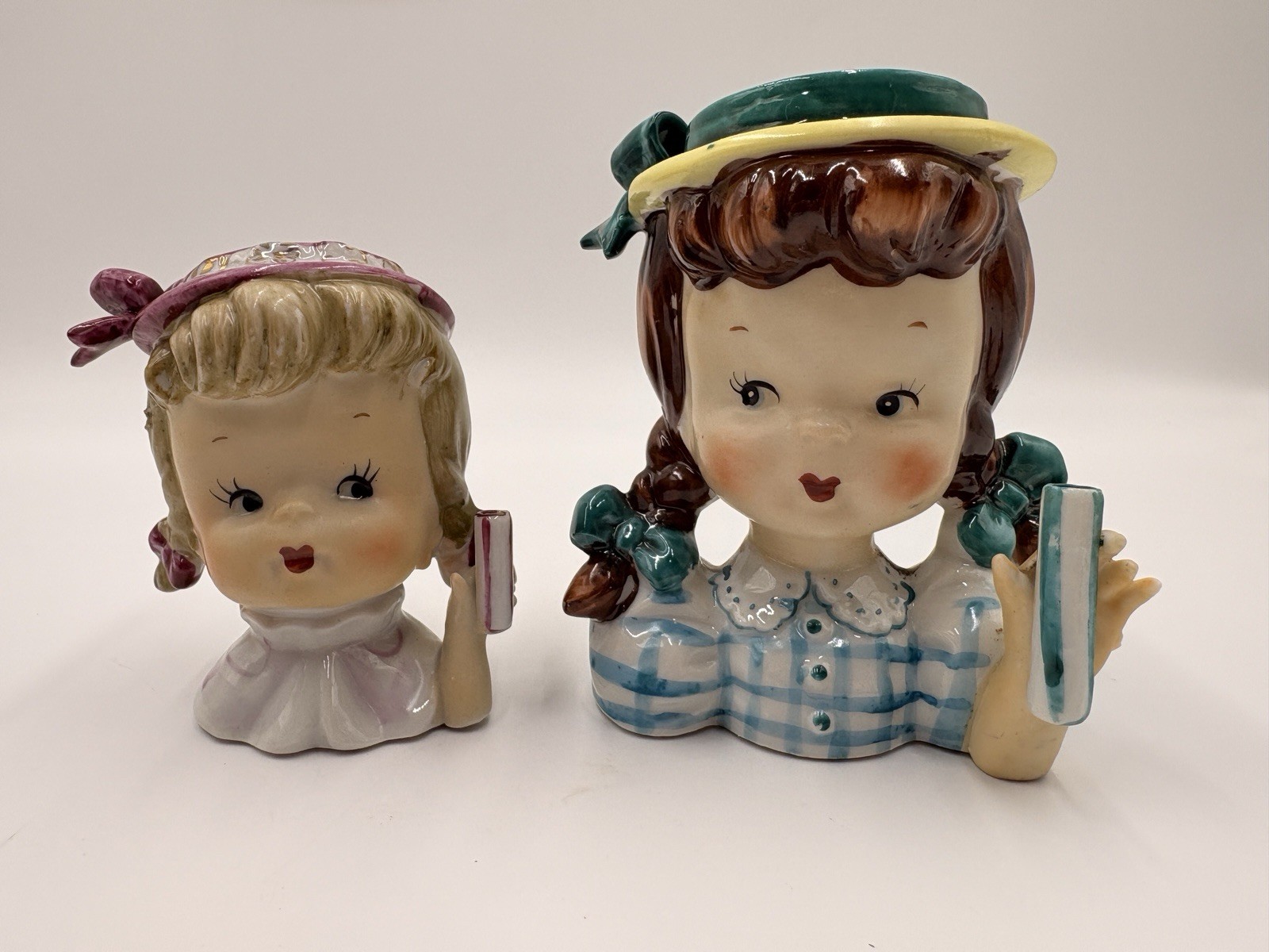Vintage 1950s Napco Girl Head Vase Planters Pair Japan MCM Umbrella Girls