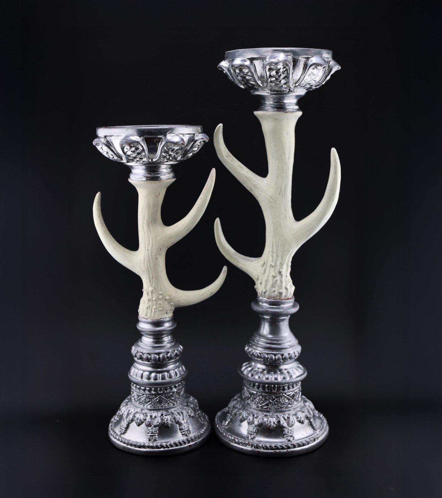 Vintage Antler Candle Holders Pair Ornate Silver Tone Gothic Lodge Decor