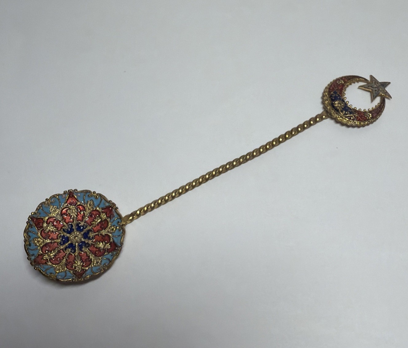 Antique 1880s French Champleve Enamel & Gilt Brass 5.5” Colorful Spoon