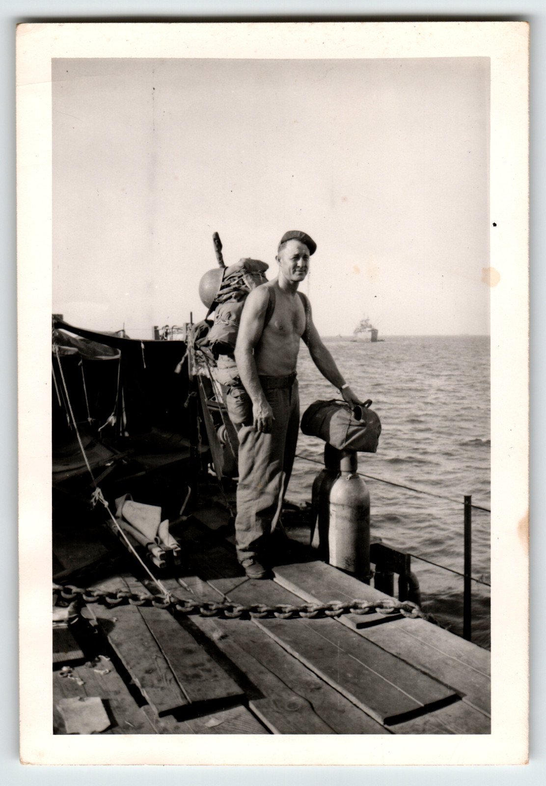 Photo WWII Era Shirtless Military Man Aboard Boat With Gear Ocean Scene 1940s