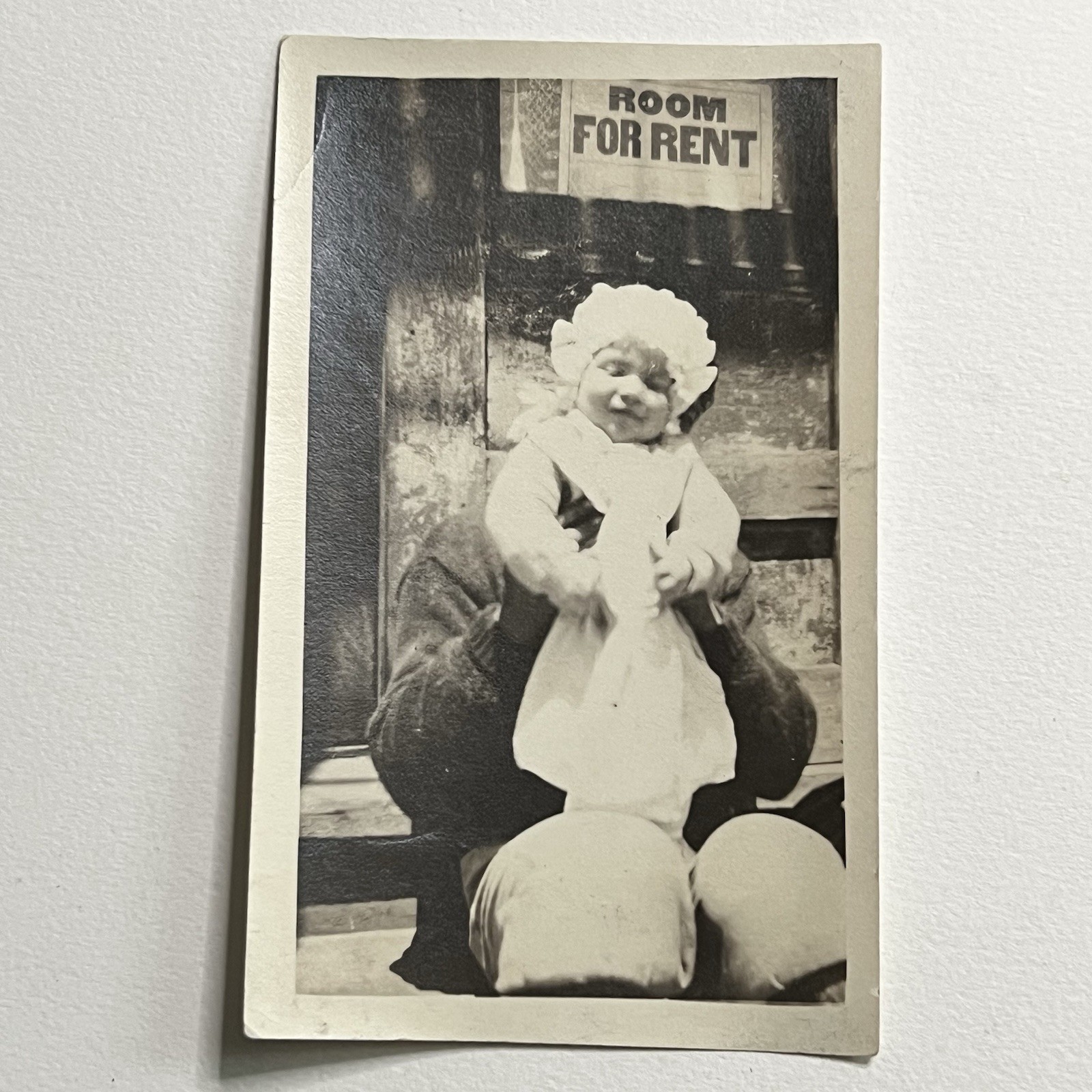 Antique Snapshot Photograph Adorable Baby Hidden Mother Sign For Rent Odd Unique