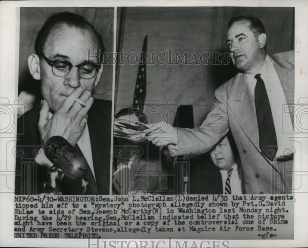 1954 Press Photo John McClellan, Joseph McCarthy at Senate Hearing, Washington