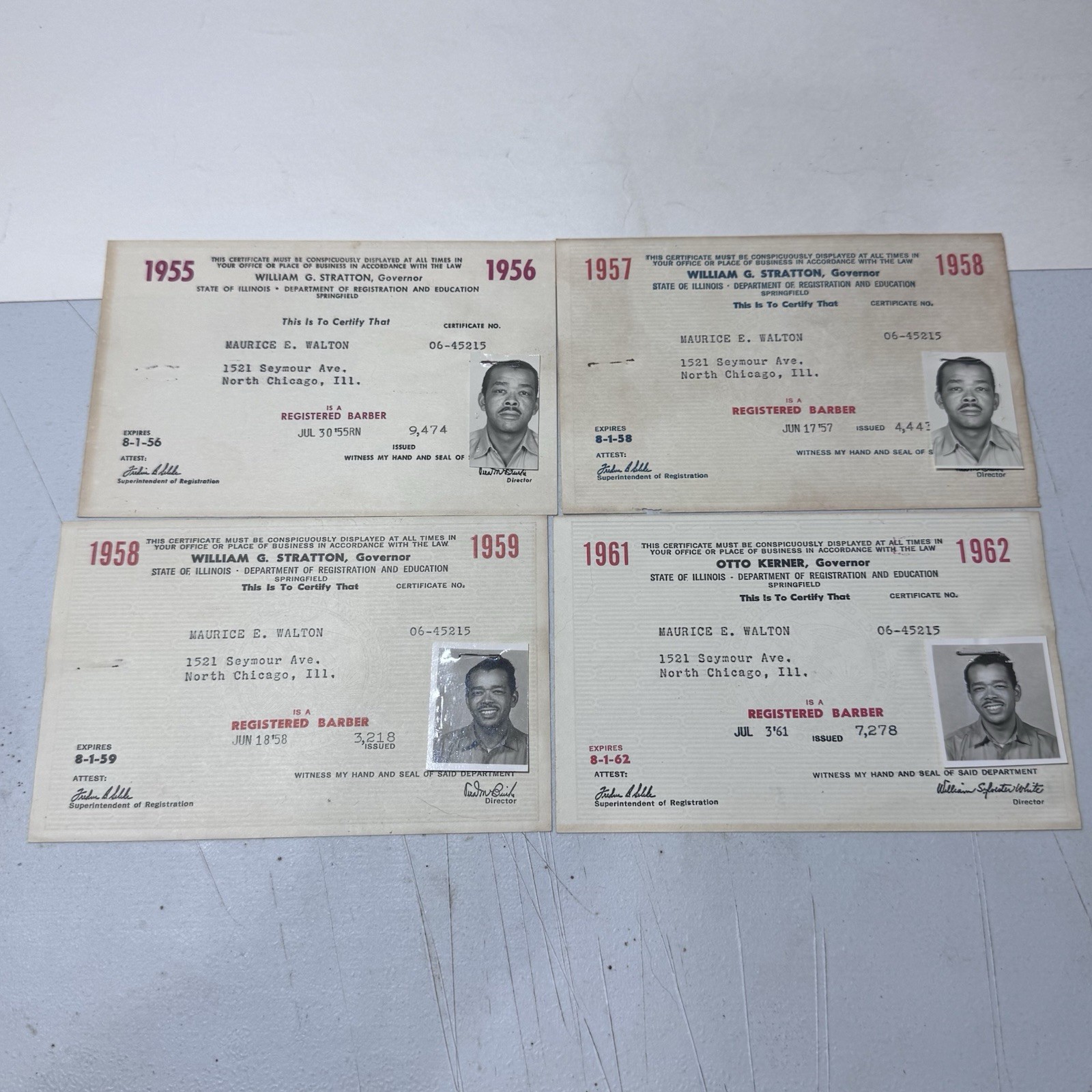 4 Rare Chicago African American Barber Barbershop Licenses W/Photograph 1955-61
