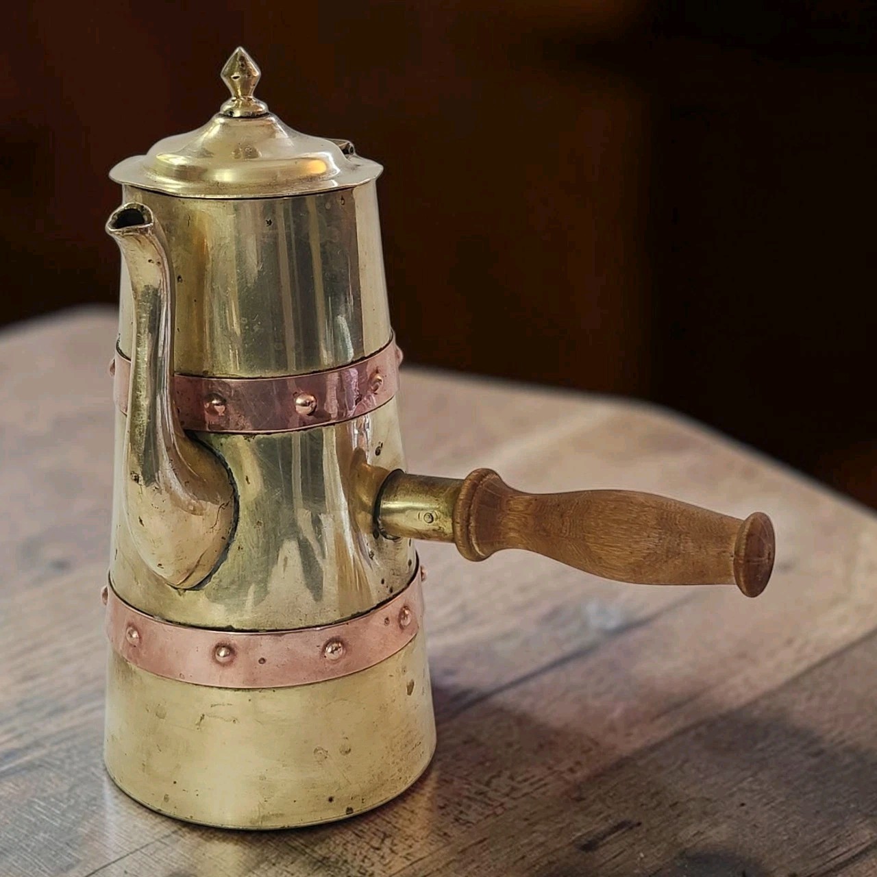 Vtg Copper & Brass Coffee Pot Mexico Cobre Tlaquepaque Valdez Wood Handle GC