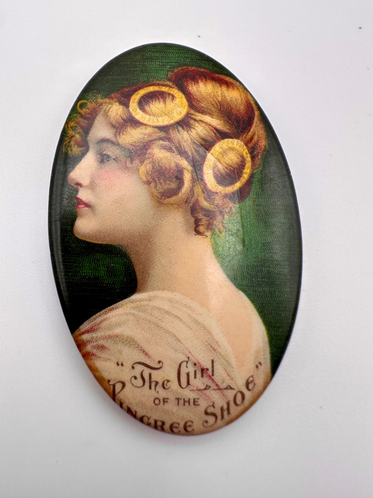 Antique c1910 Pingree Shoes Advertising Pocket Mirror Girl Detroit Michigan