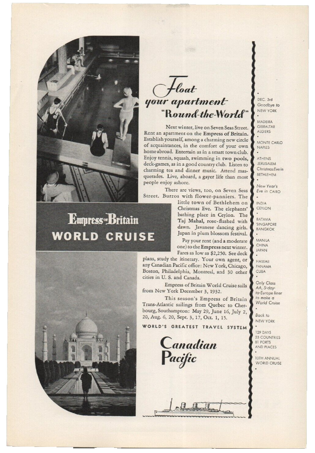 Vintage Empress of Britain World Cruise 1932 Magazine Print Ad Canadian Pacific