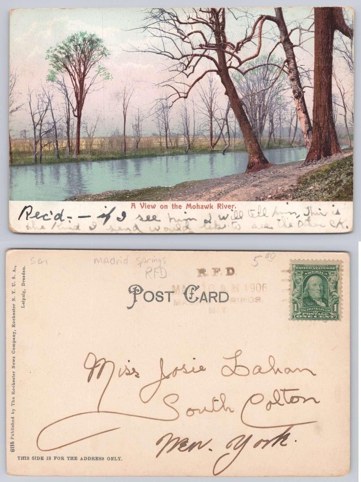 Mohawk River New York 1906 Postcard Madrid Springs South Colton NY Postmarked