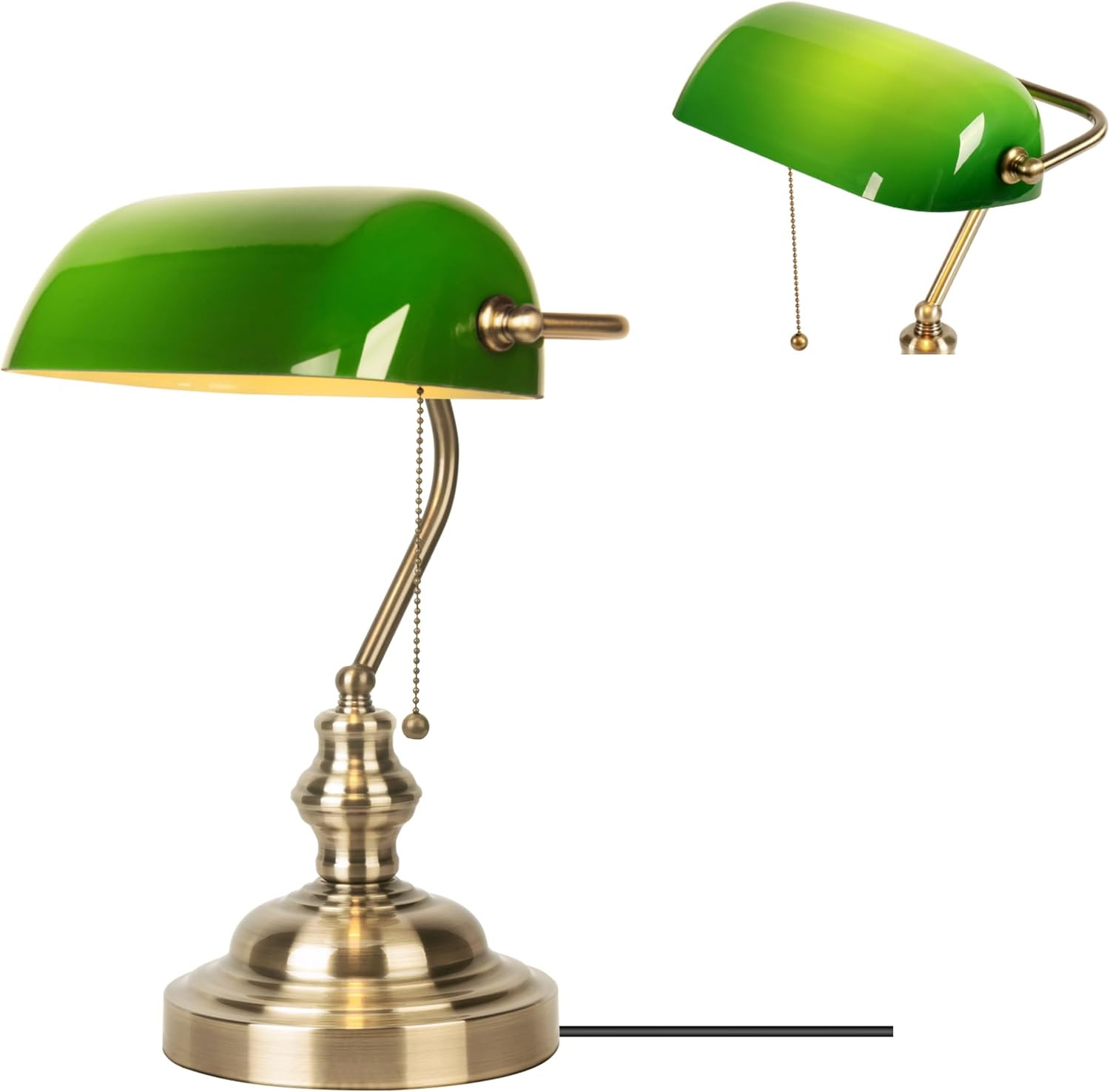 Green Glass Bankers Desk Lamp Brass Finish Pull Chain Antique Library