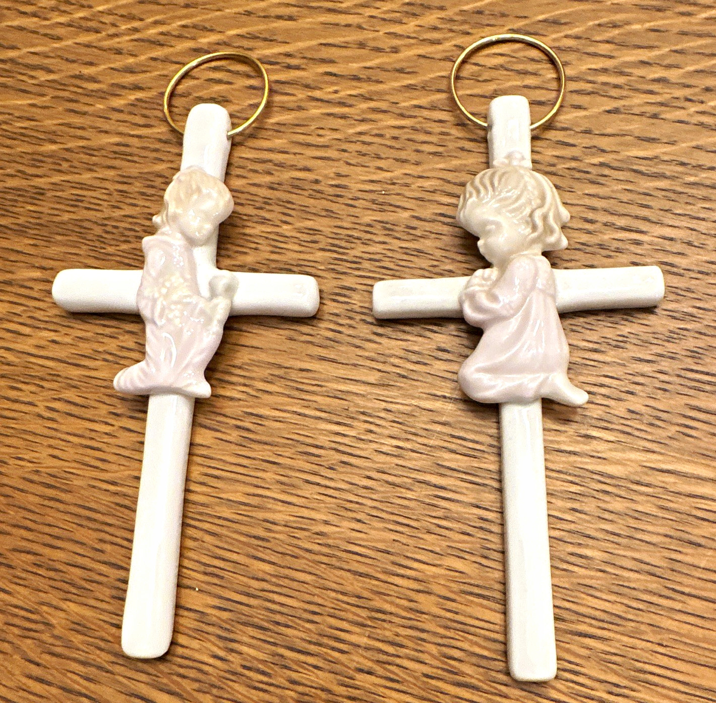 Pair Ceramic Praying Boy & Girl Cross Wall Hangings, Made in Taiwan