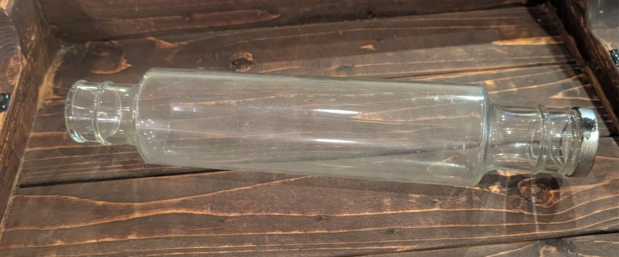 Vintage Clear Glass Rolling Pin Fillable Hollow Metal Screw Cap 14\