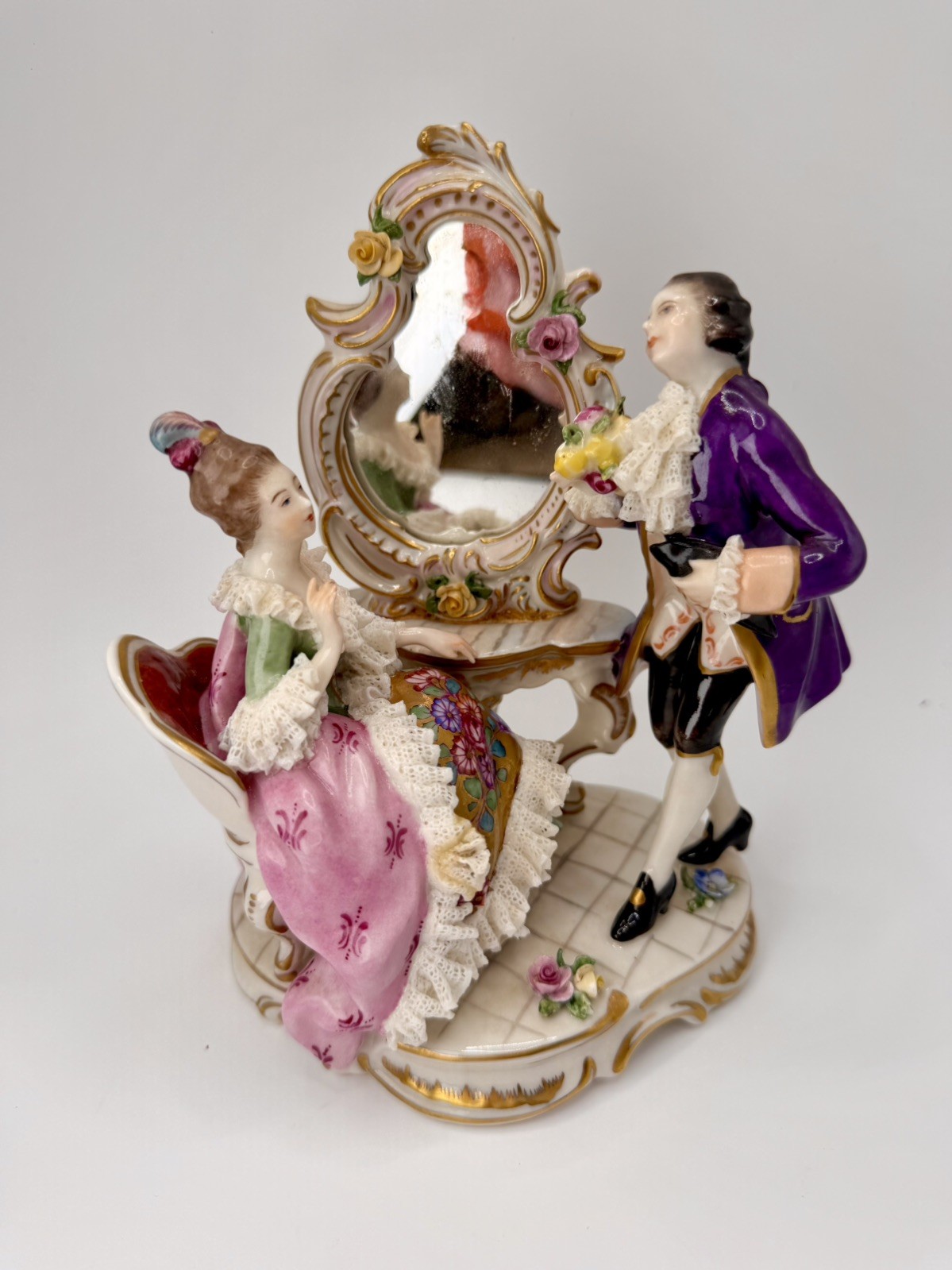 Lady with a mirror and Gentleman , Porcelain Figures Unterweissbac VOLKSTEDT